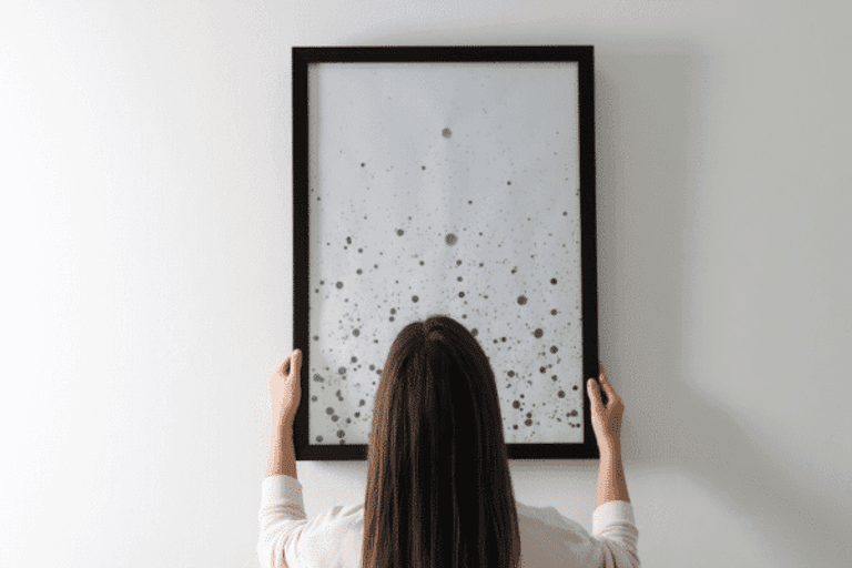 A woman hanging a framed picture on a wall