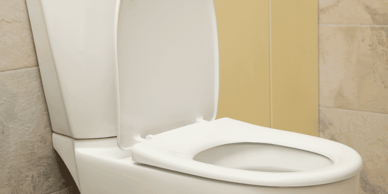 A white toilet with the seat and lid raised
